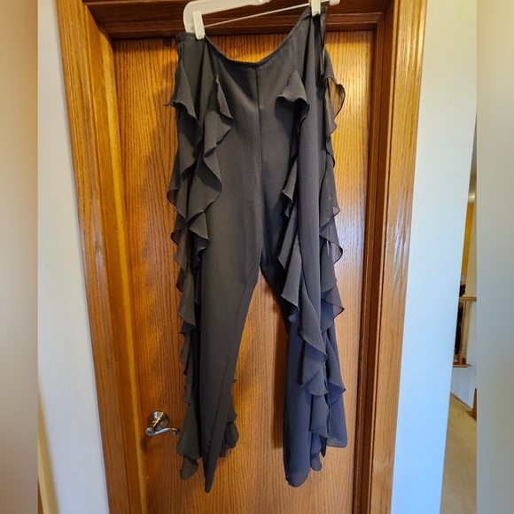 Vintage ASHRO Ruffle Flowy Chiffon Lined Dress Pants in Charcoal Gray Size L - Picture 1 of 11